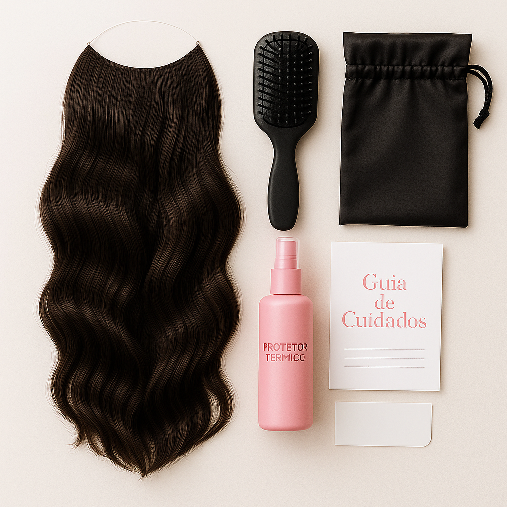 Kit de cuidados: aplique, escova, protetor térmico e saquinho de seda